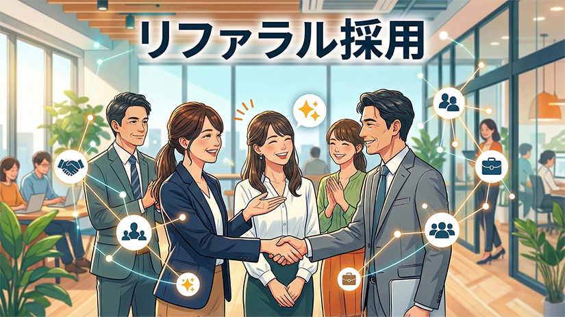 リファラル採用をイメージした、社員同士が紹介でつながるイラスト